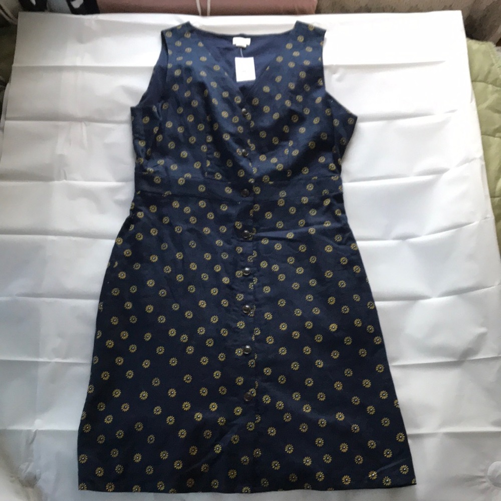 J Crew Navy Linen Button Down Sleeveless V-Neck Dress w/Yellow Flowers, Size 10